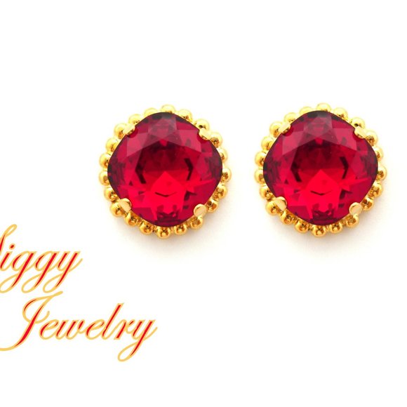 Cushion Cut Crystal Siam Red Solitaire Stud Earrings, 12mm Assorted Finishes - Picture 1 of 7